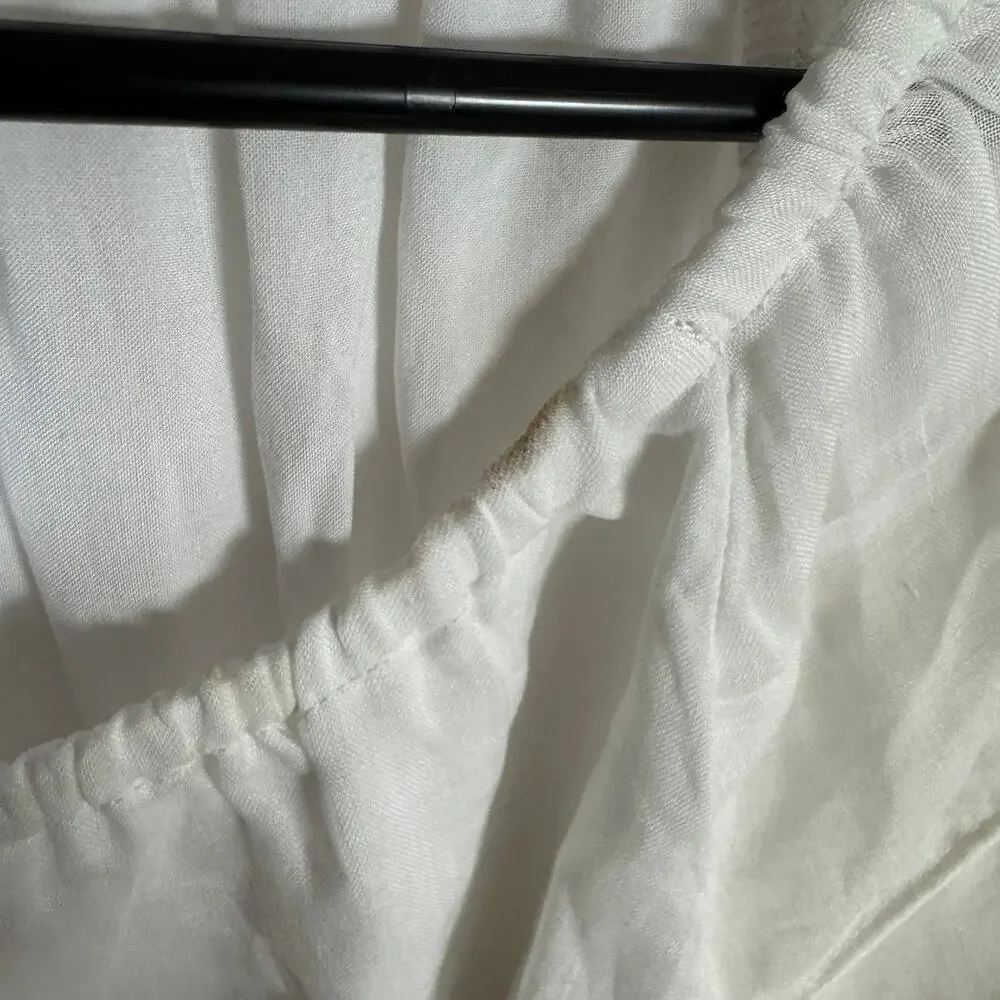 J.Crew Puff-Sleeve Top Sz S White Ramie Pintuck Shoulder Gathered Crew Neckline